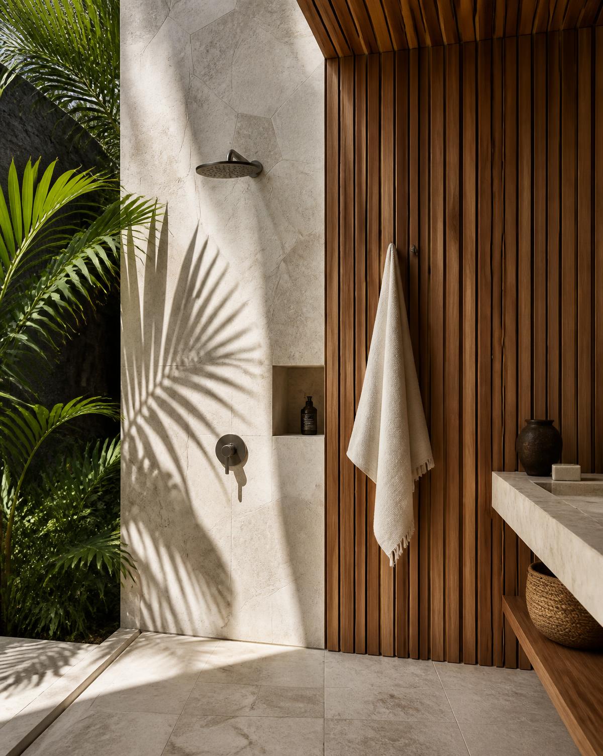 Stone and teak outdoor shower with palm shadow — illustrative image