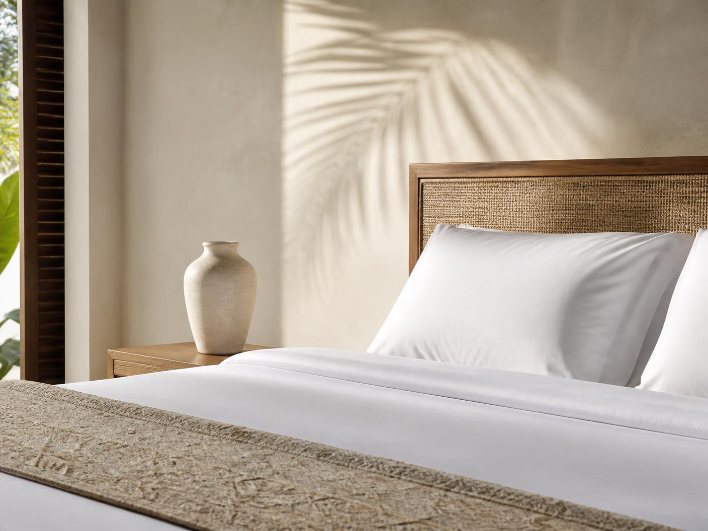 Folded linen and fresh towels prepared on a timber console — illustrative image