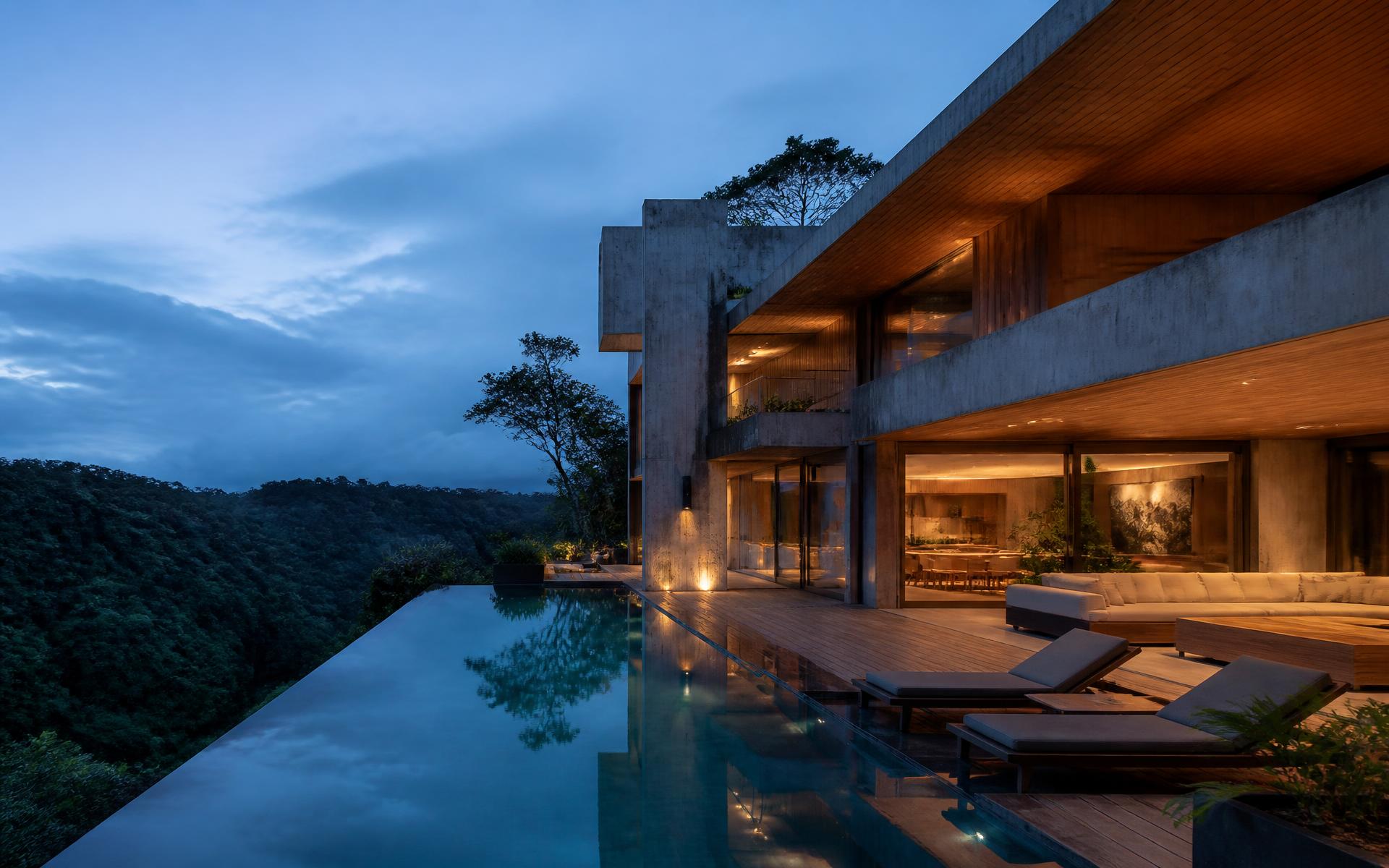 Contemporary concrete and timber villa above the rainforest at dusk — illustrative image