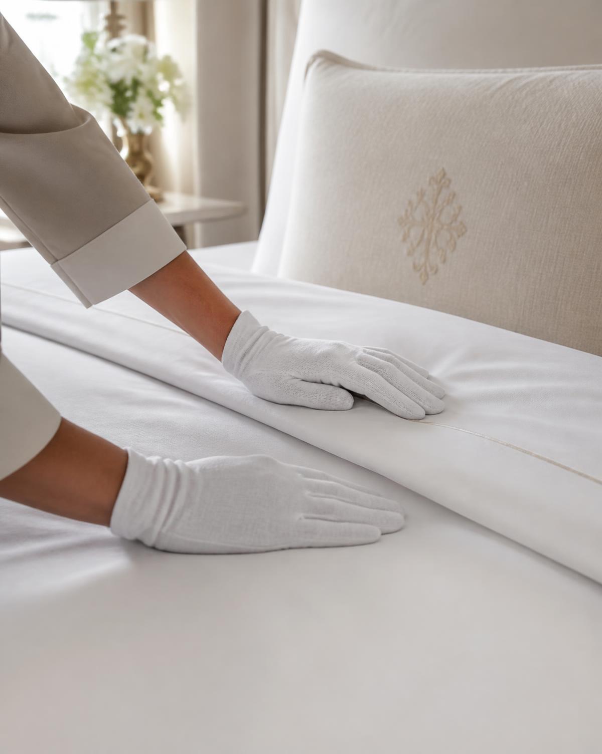 Gloved hands smoothing crisp white linen on a villa bed — illustrative image