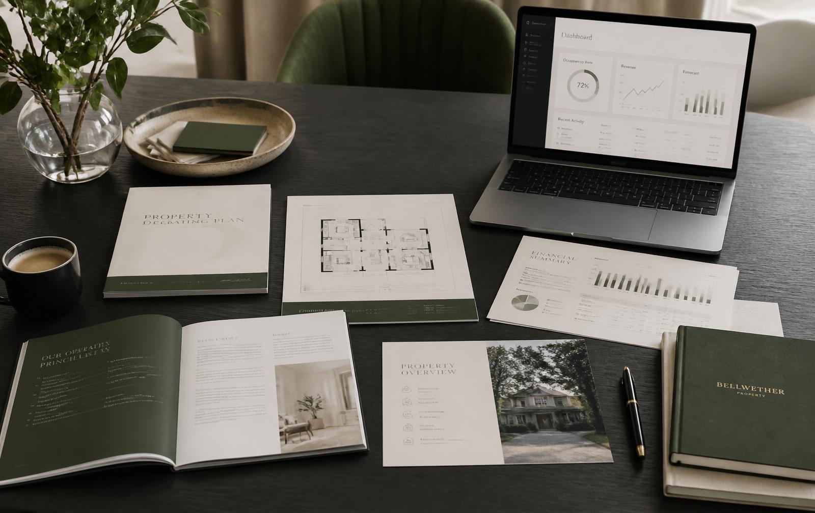 Property operating plan documents and floor plans on a dark timber table — illustrative image