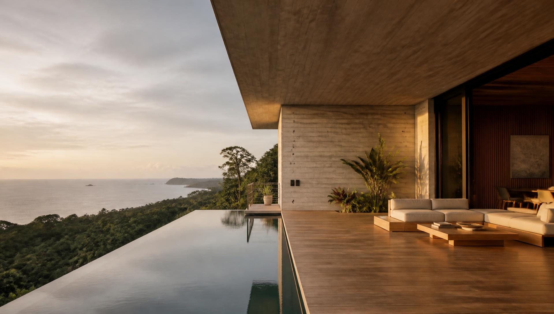 Infinity pool terrace of a contemporary Costa Rican villa at golden hour — illustrative image